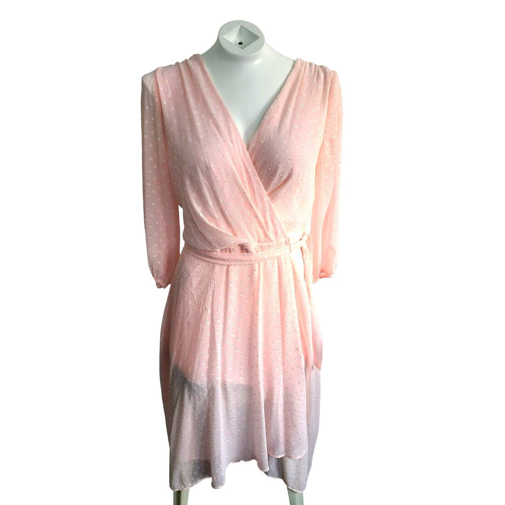 Tommy Hilfiger Pink Clip Dot Faux Wrap Dress V-Neck 3/4 Sleeve Size 10